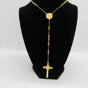 Gold-tone Stanless Steel St. Benedict Rosary. 18 inches long.